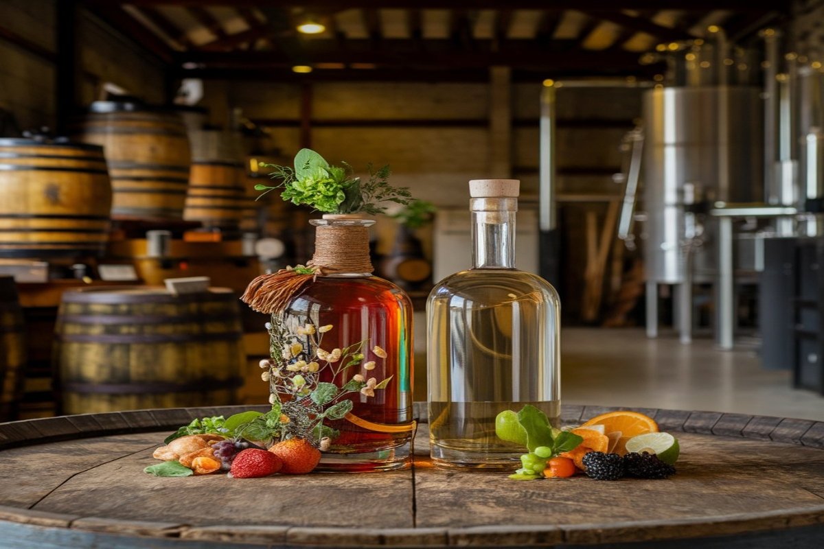 Botellas de licor artesanal con frutas y hierbas sobre un barril de madera